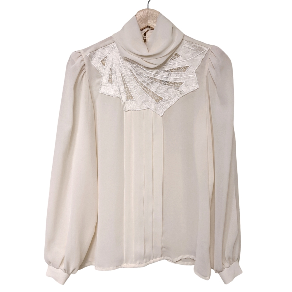 Pretense Blouse Vintage Cream Sheer High Neck Long Sleeves Size 6